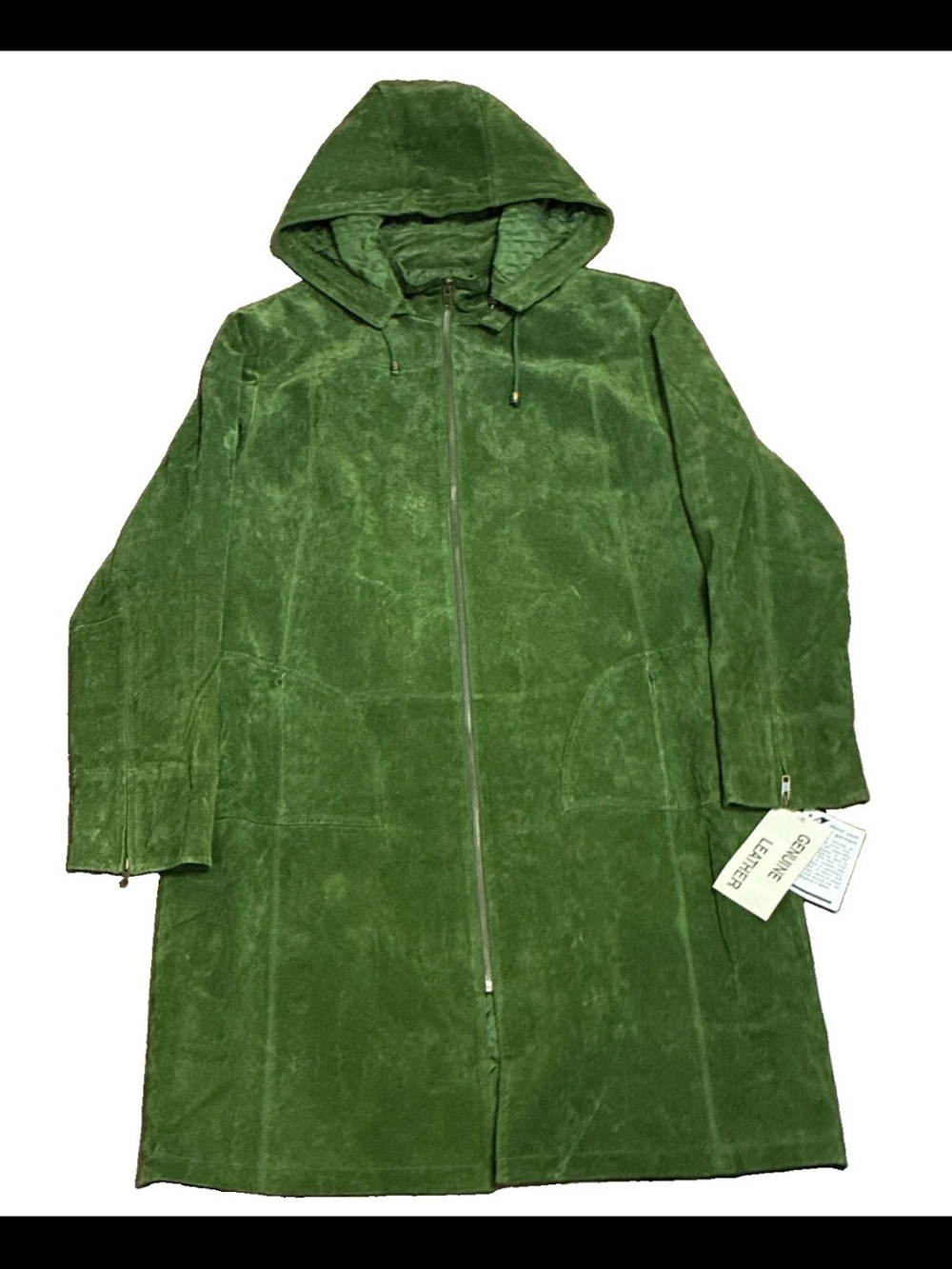 NWT 90s Vintage Women’s XL 28” x 40” long Green Hooded Leather Suede Trench Coat